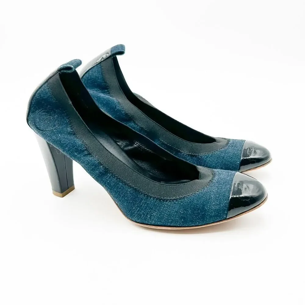 Chanel Elastic CC Logo Blue Denim Pumps High Heels Size 39 US 8-8.5